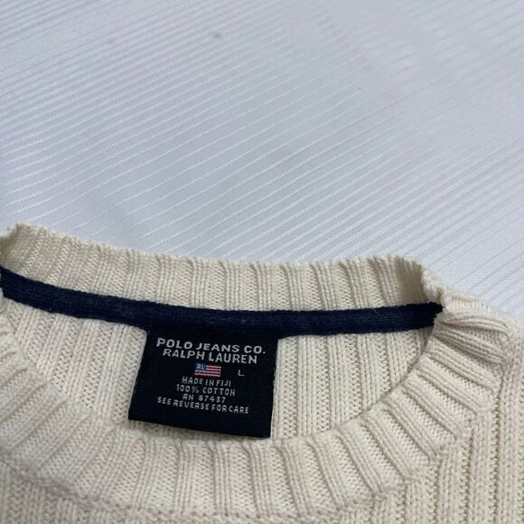 Vtg Ralph Lauren Sweater Womens L Cream US Flag Embroidered Crew Neck Cotton - Picture 3 of 8